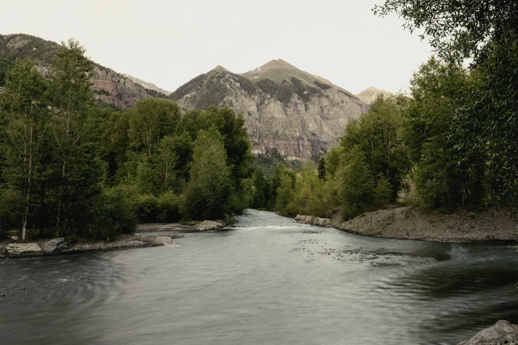 The view from the creekside beach in the Telluride Town Park campground
